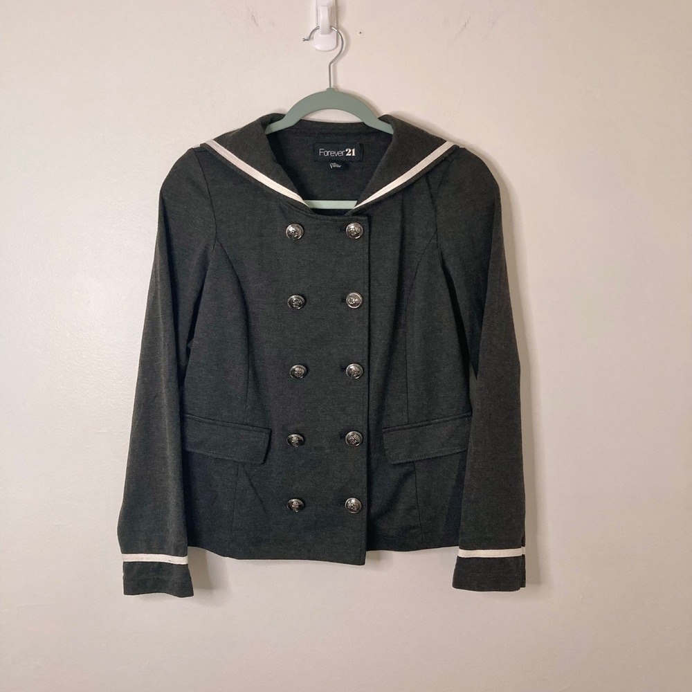 Forever 21 Sailor Collar Double Breasted Knit Blazer Grey Silver Buttons S Retro